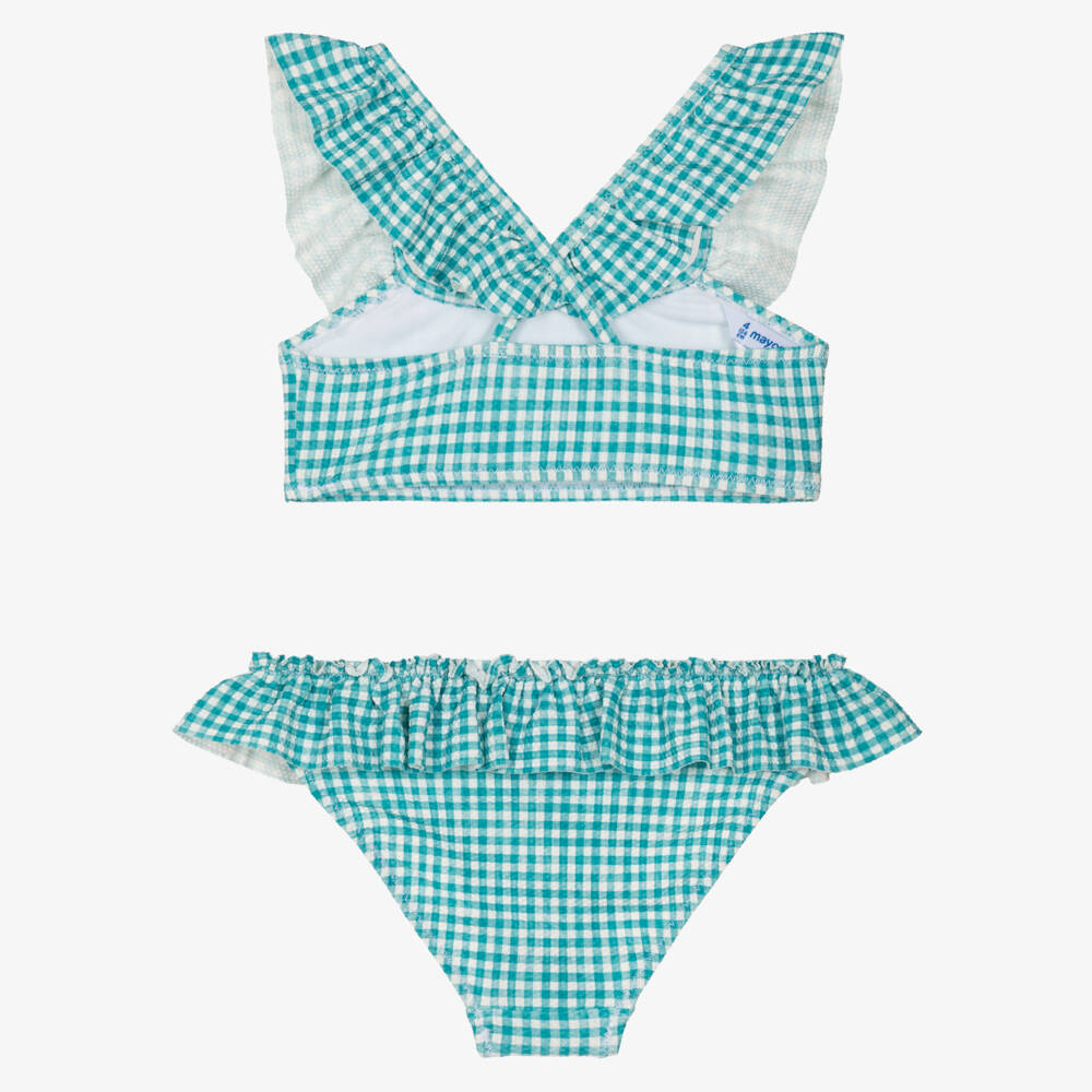 Mayoral-Girls Aqua Blue Gingham Bikini with Ruffle Trims | Childrensalon