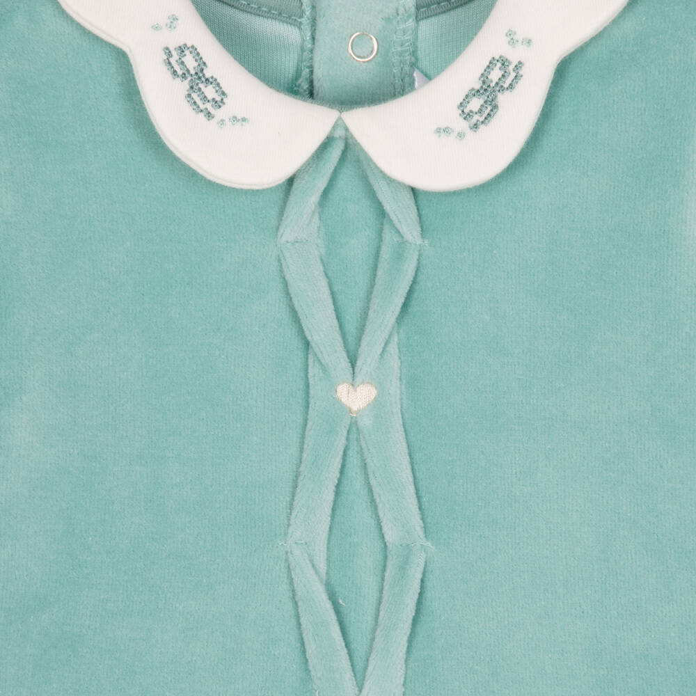 Mayoral Newborn-Girls Aqua Green Velour Babygrow with Scalloped Collar | Childrensalon