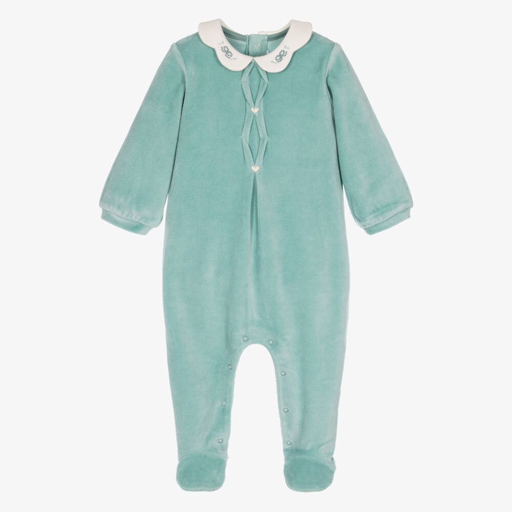 Mayoral Newborn-Girls Aqua Green Velour Babygrow with Scalloped Collar | Childrensalon