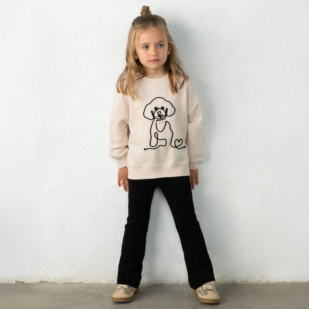 Mayoral-Girls Beige & Black Leggings Set with Embroidered Dog | Childrensalon