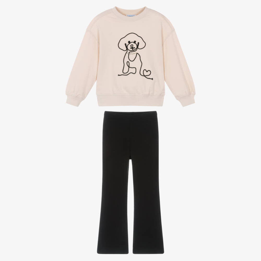 Mayoral-Girls Beige & Black Leggings Set with Embroidered Dog | Childrensalon