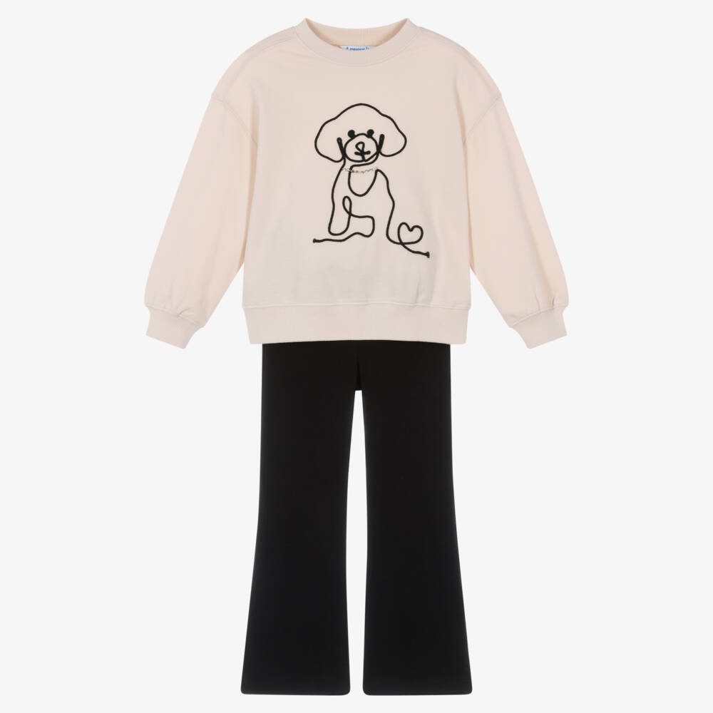 Mayoral-Girls Beige & Black Leggings Set with Embroidered Dog | Childrensalon