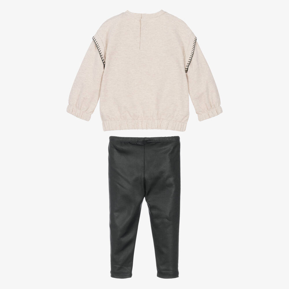 Mayoral-Girls Beige & Black Leggings Set with Fluffy Croissant | Childrensalon