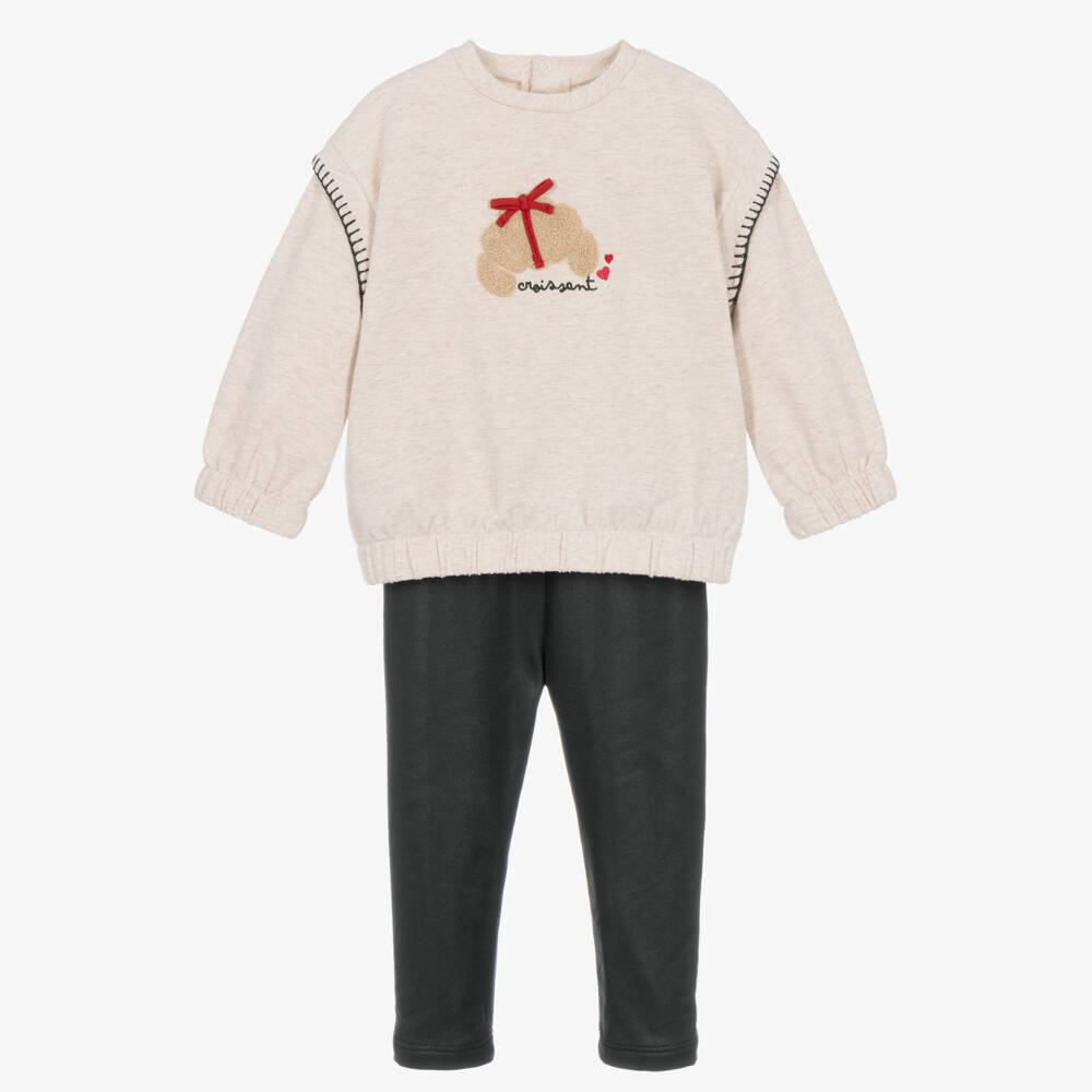 Mayoral-Girls Beige & Black Leggings Set with Fluffy Croissant | Childrensalon