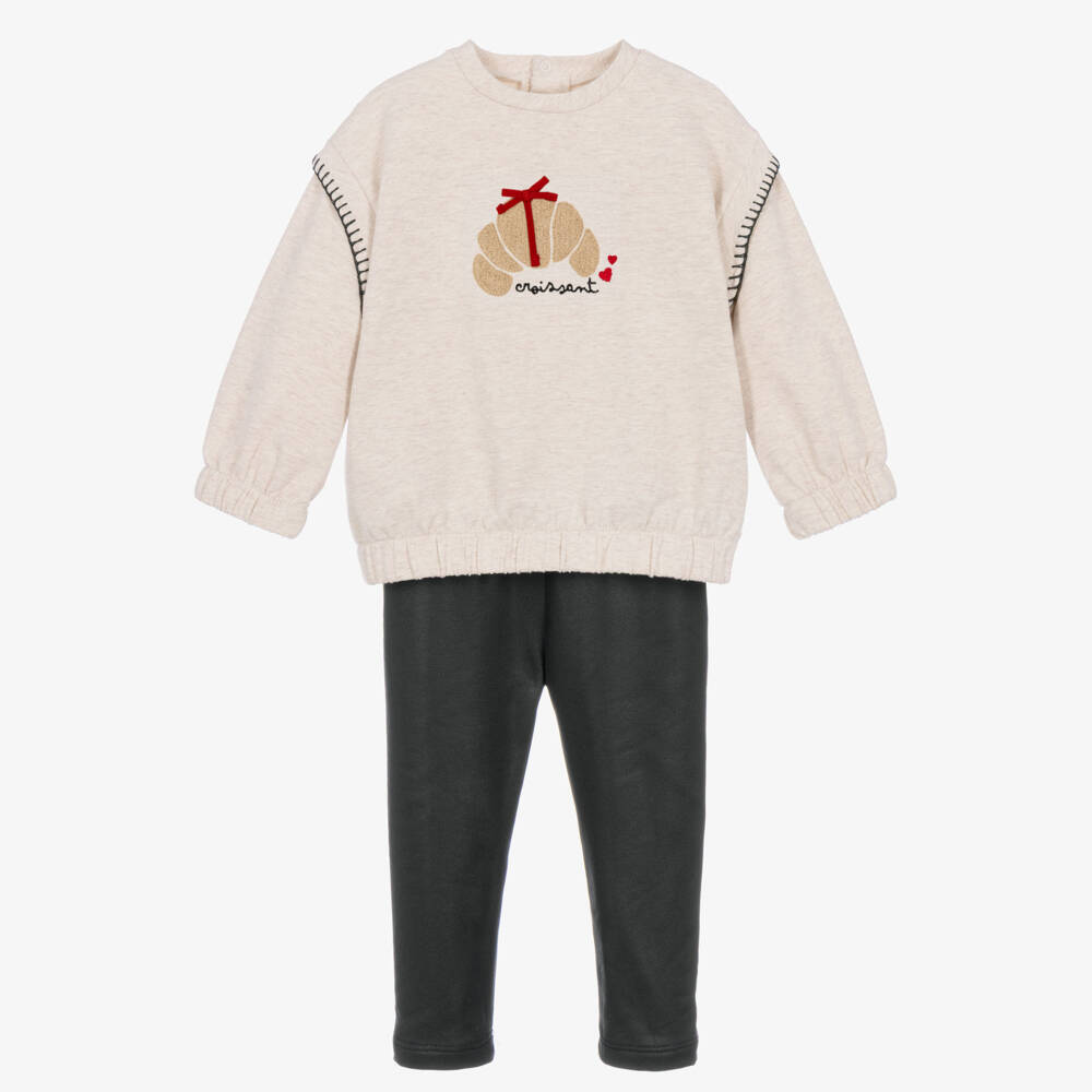 Mayoral-Girls Beige & Black Leggings Set with Fluffy Croissant | Childrensalon