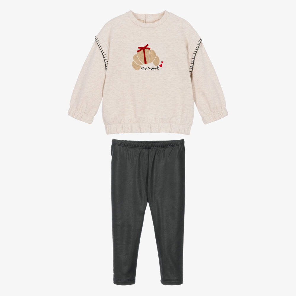 Mayoral-Girls Beige & Black Leggings Set with Fluffy Croissant | Childrensalon