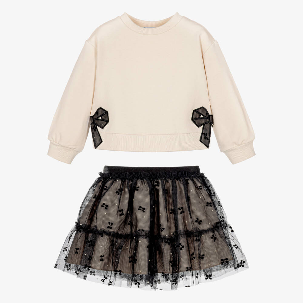 Mayoral-Girls Beige & Black Tulle Skirt Set | Childrensalon