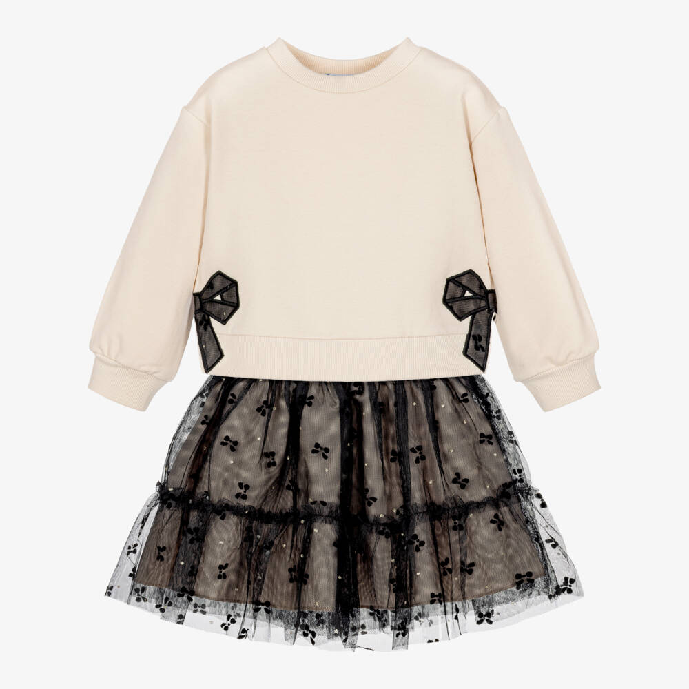 Mayoral-Girls Beige & Black Tulle Skirt Set | Childrensalon