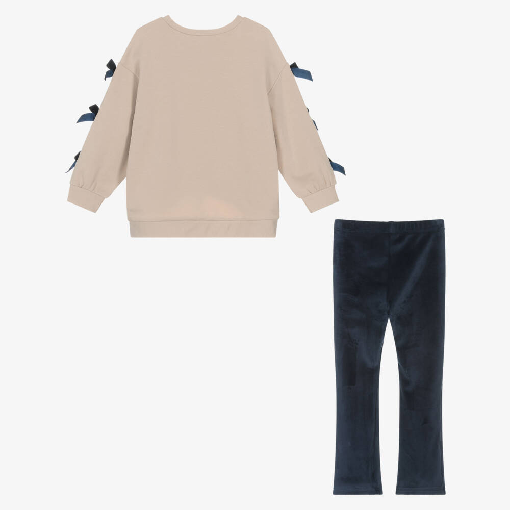 Mayoral-Girls Beige & Blue Leggings Set with Velvet Bows | Childrensalon