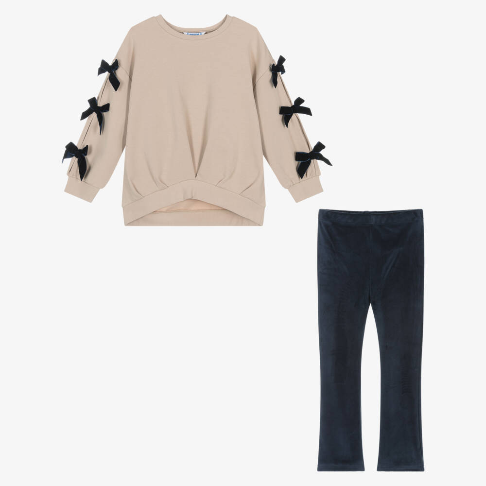 Mayoral-Girls Beige & Blue Leggings Set with Velvet Bows | Childrensalon