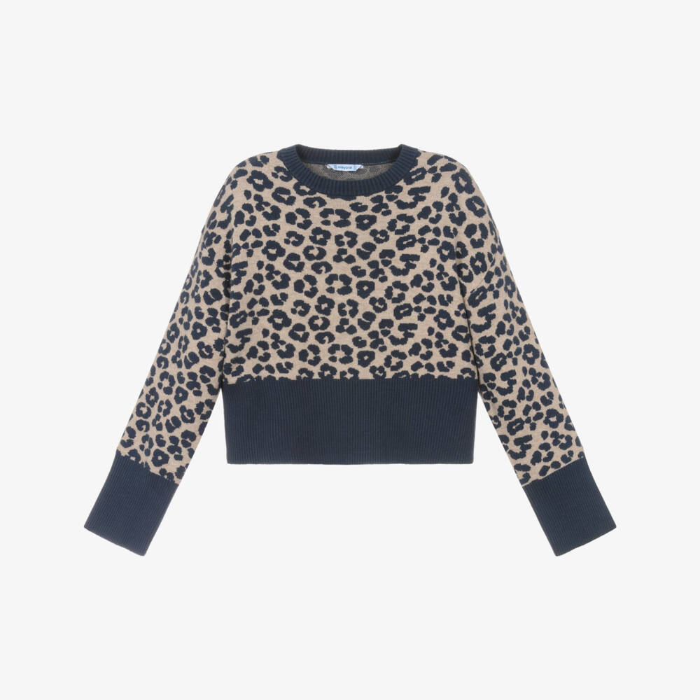 Mayoral-Джемпер бежево-синий леопардовый вязаный для девочек | Childrensalon