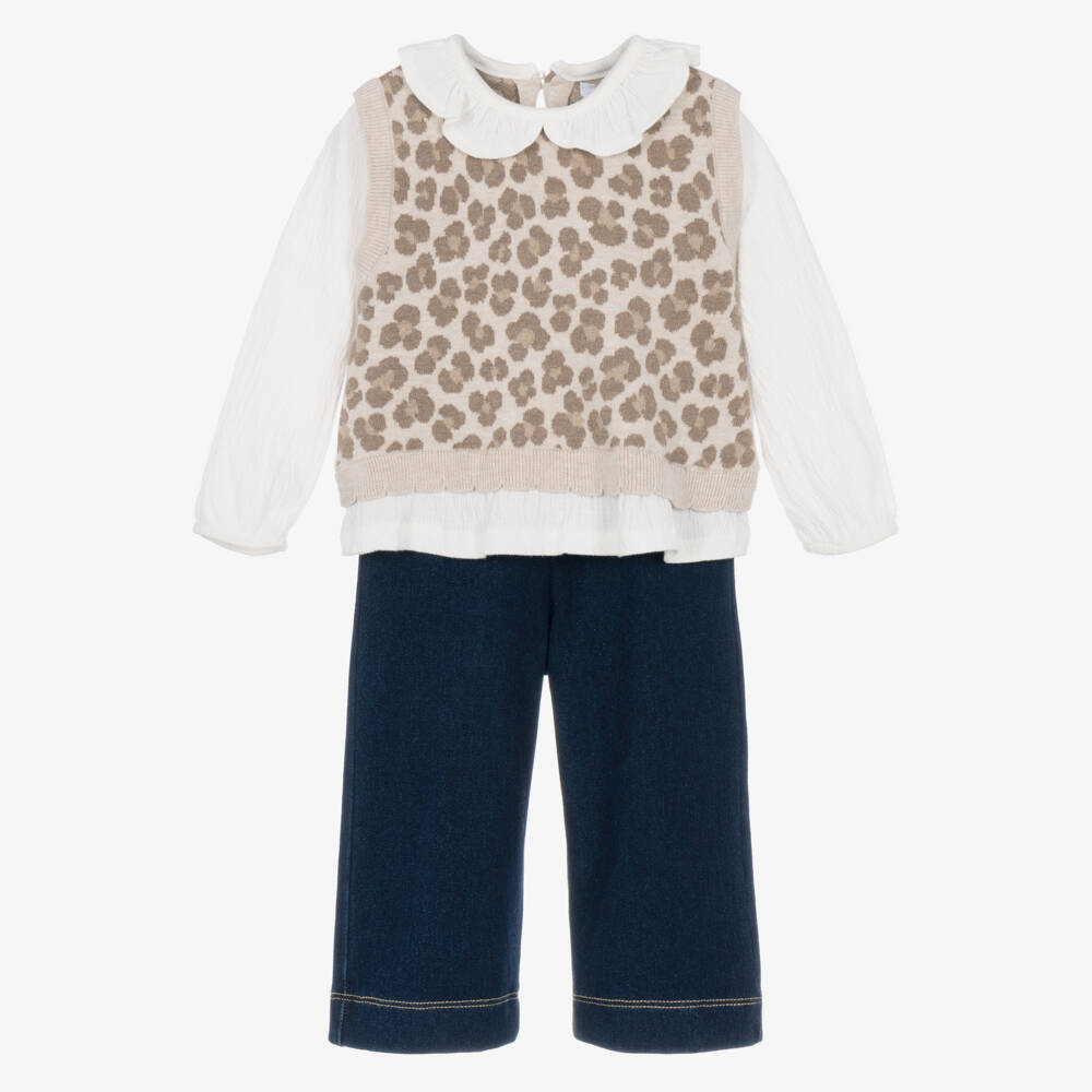 Mayoral-Girls Beige & Blue Leopard Print Trouser Set | Childrensalon