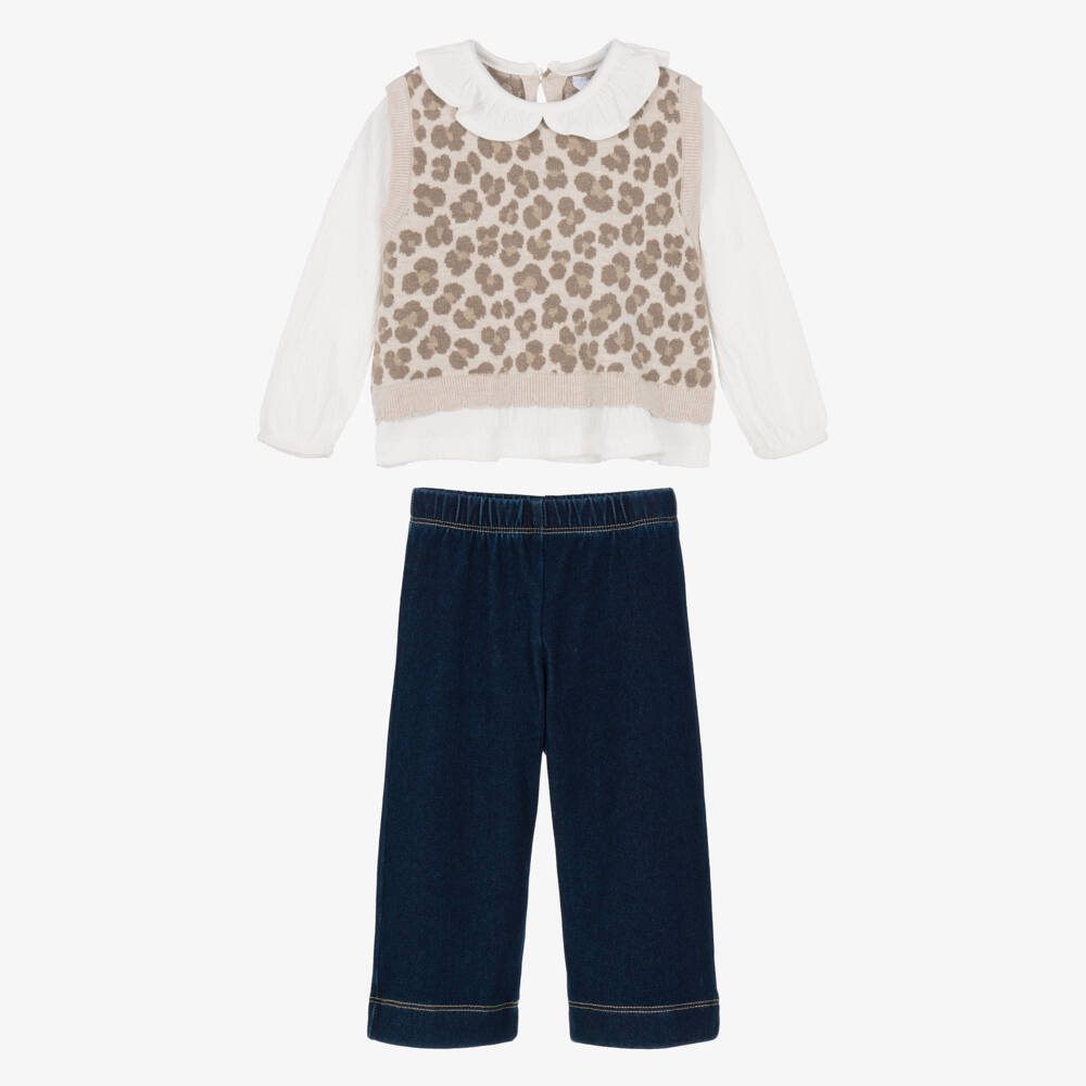 Mayoral-Girls Beige & Blue Leopard Print Trouser Set | Childrensalon
