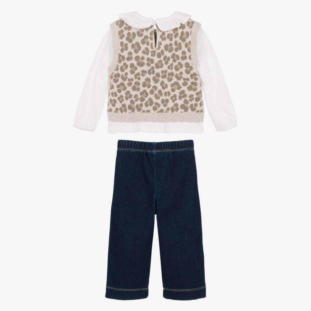 Mayoral-Girls Beige & Blue Leopard Print Trouser Set | Childrensalon