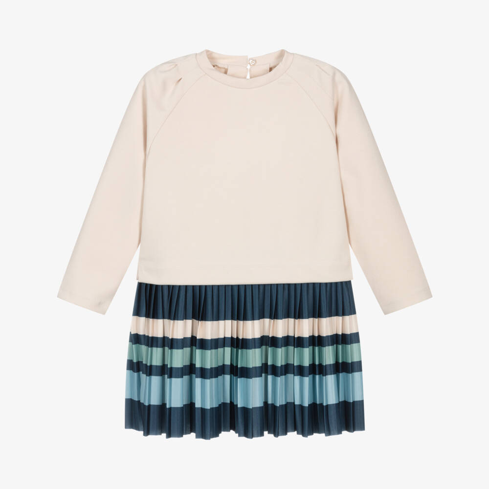 Mayoral-Платье кремово-синее с плиссе в полоску | Childrensalon