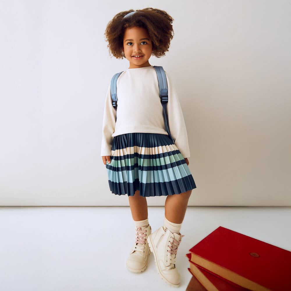 Mayoral-Girls Beige & Blue Pleated Dress with Stripes | Childrensalon