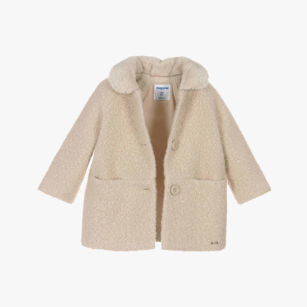 Mayoral-Girls Beige Boucle Coat with Faux Fur Collar | Childrensalon