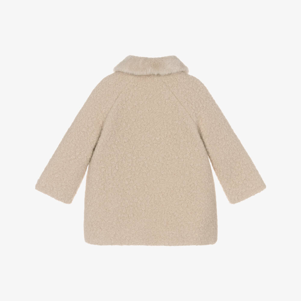 Mayoral-Girls Beige Boucle Coat with Faux Fur Collar | Childrensalon