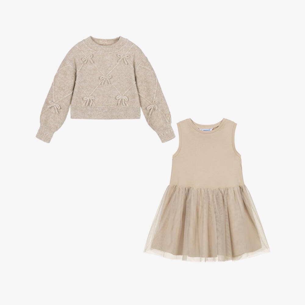 Mayoral-Girls Beige Bow Sweater & Tulle Dress Set | Childrensalon