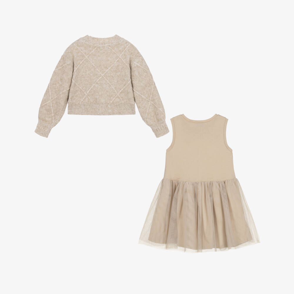 Mayoral-Girls Beige Bow Sweater & Tulle Dress Set | Childrensalon