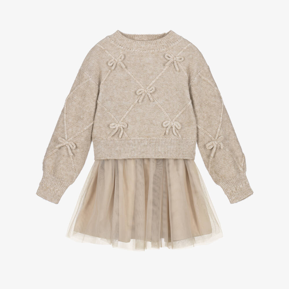 Mayoral-Girls Beige Bow Sweater & Tulle Dress Set | Childrensalon