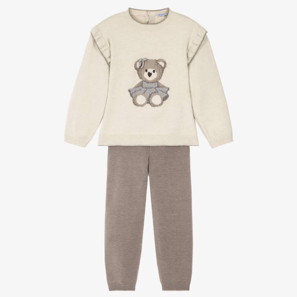 Mayoral-Girls Beige & Brown Knitted Leggings Set with Bear Motif | Childrensalon