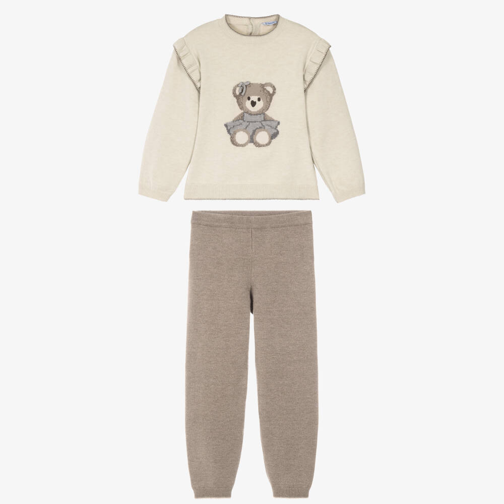 Mayoral-Girls Beige & Brown Knitted Leggings Set with Bear Motif | Childrensalon