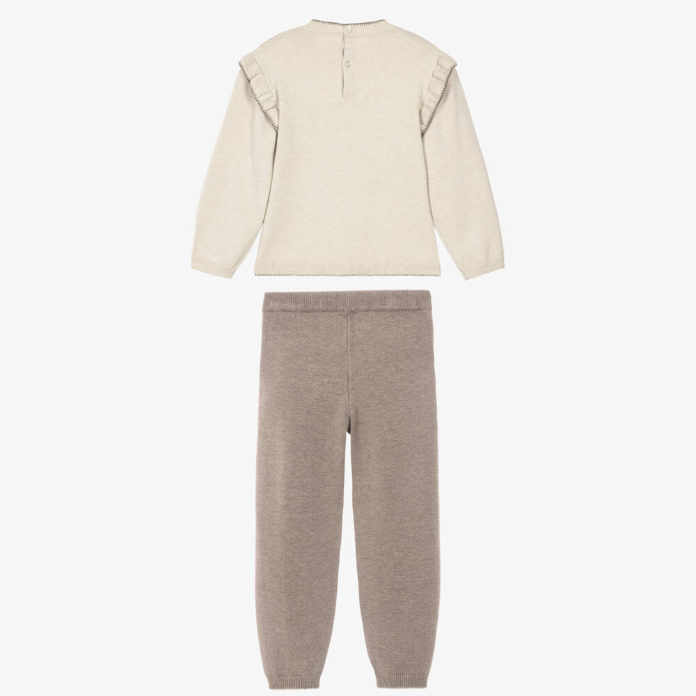 Mayoral-Girls Beige & Brown Knitted Leggings Set with Bear Motif | Childrensalon