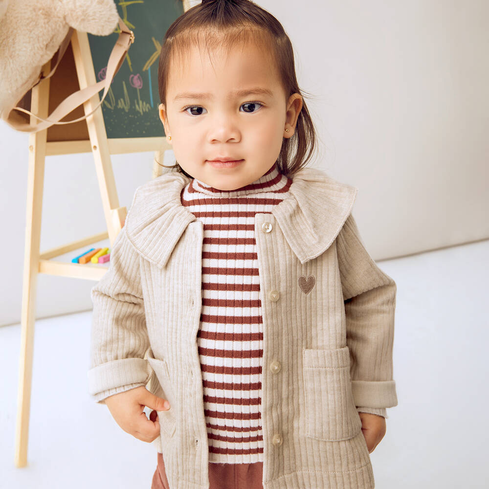 Mayoral-Girls Beige Collared Jersey Cardigan | Childrensalon