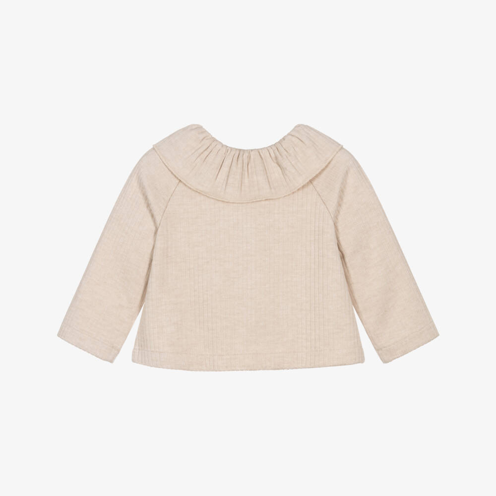 Mayoral-Girls Beige Collared Jersey Cardigan | Childrensalon