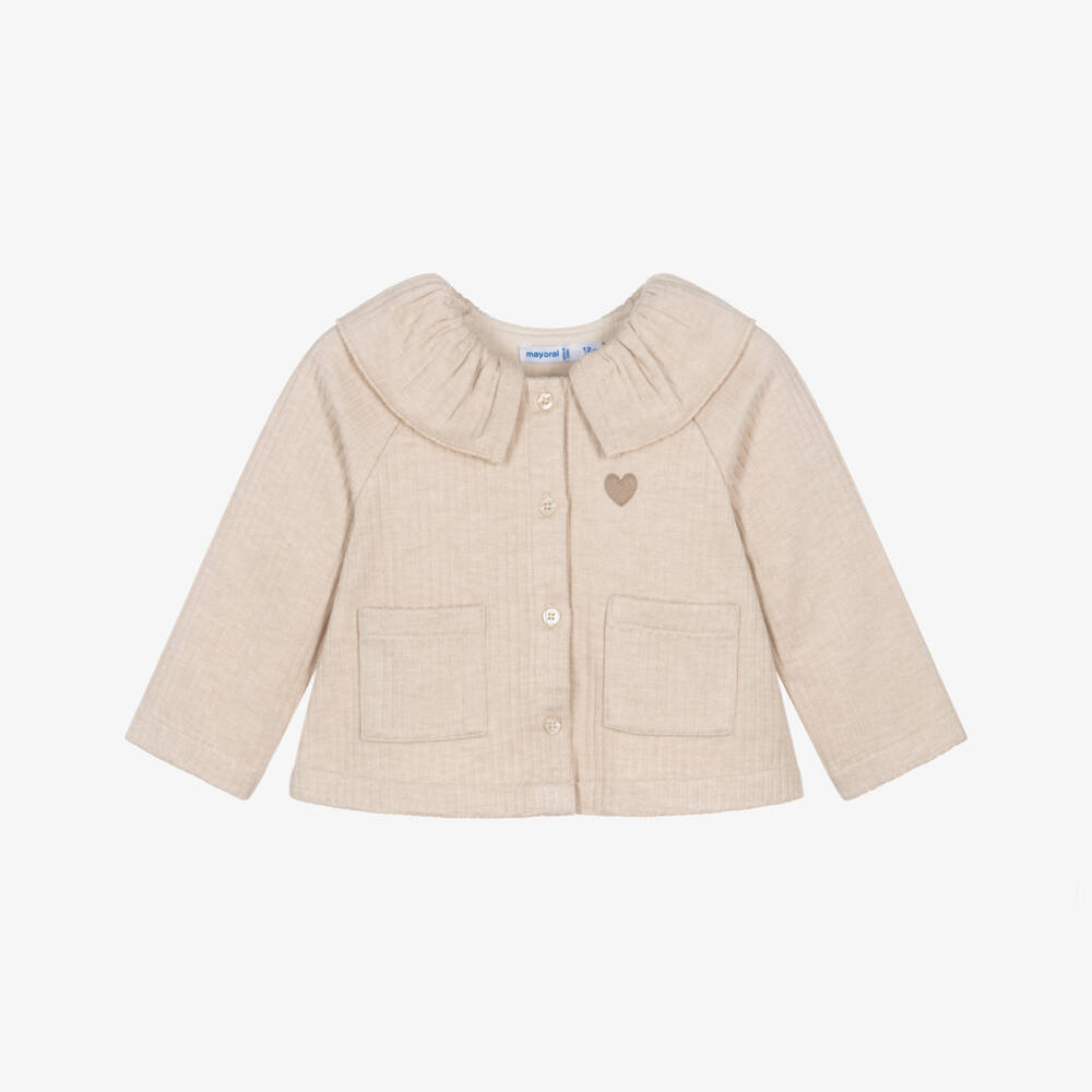 Mayoral-Girls Beige Collared Jersey Cardigan | Childrensalon