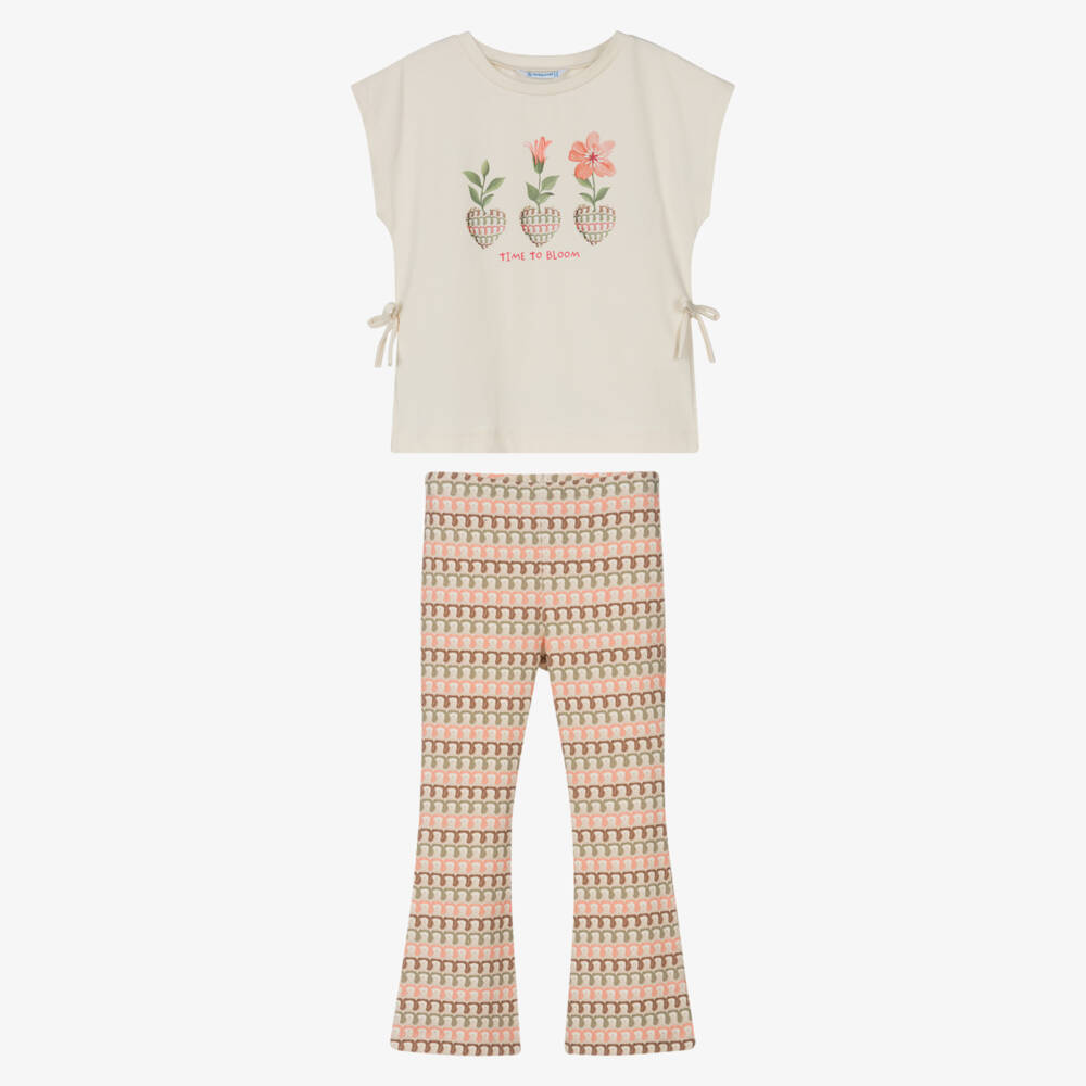 Mayoral-Girls Beige Cotton Crochet Effect Leggings Set | Childrensalon