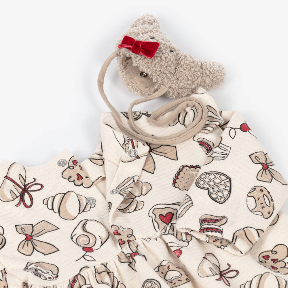 Mayoral-Girls Beige Cotton Croissant Print Dress Set | Childrensalon