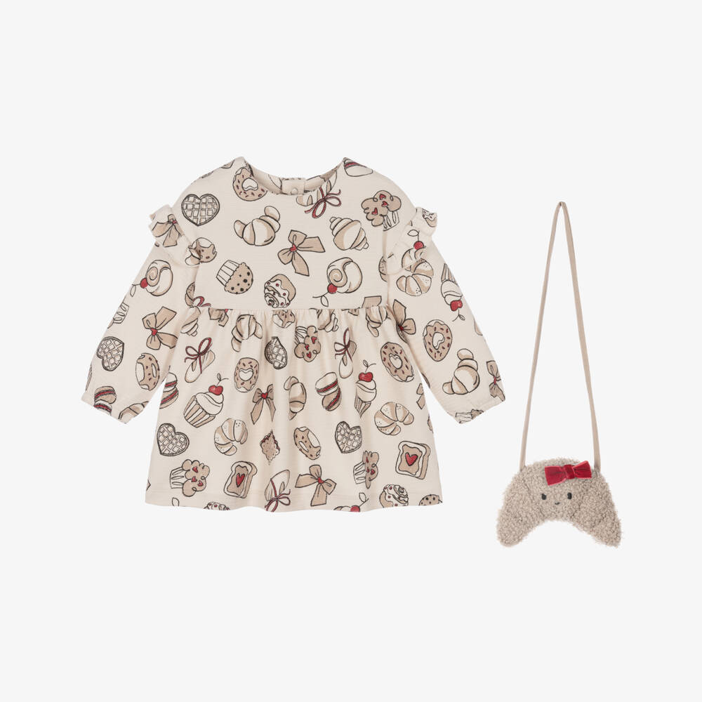 Mayoral-Girls Beige Cotton Croissant Print Dress Set | Childrensalon
