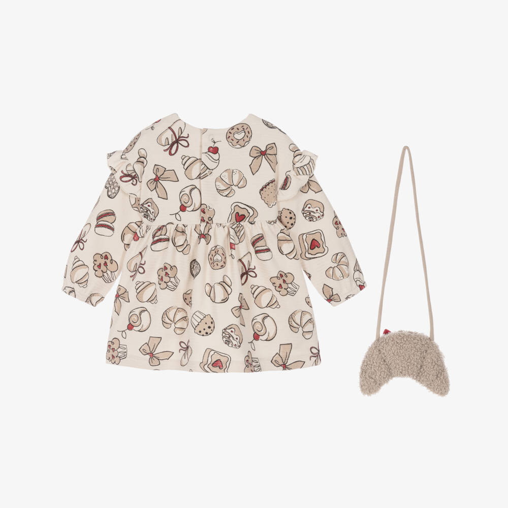 Mayoral-Girls Beige Cotton Croissant Print Dress Set | Childrensalon