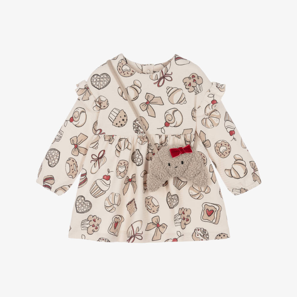 Mayoral-Girls Beige Cotton Croissant Print Dress Set | Childrensalon