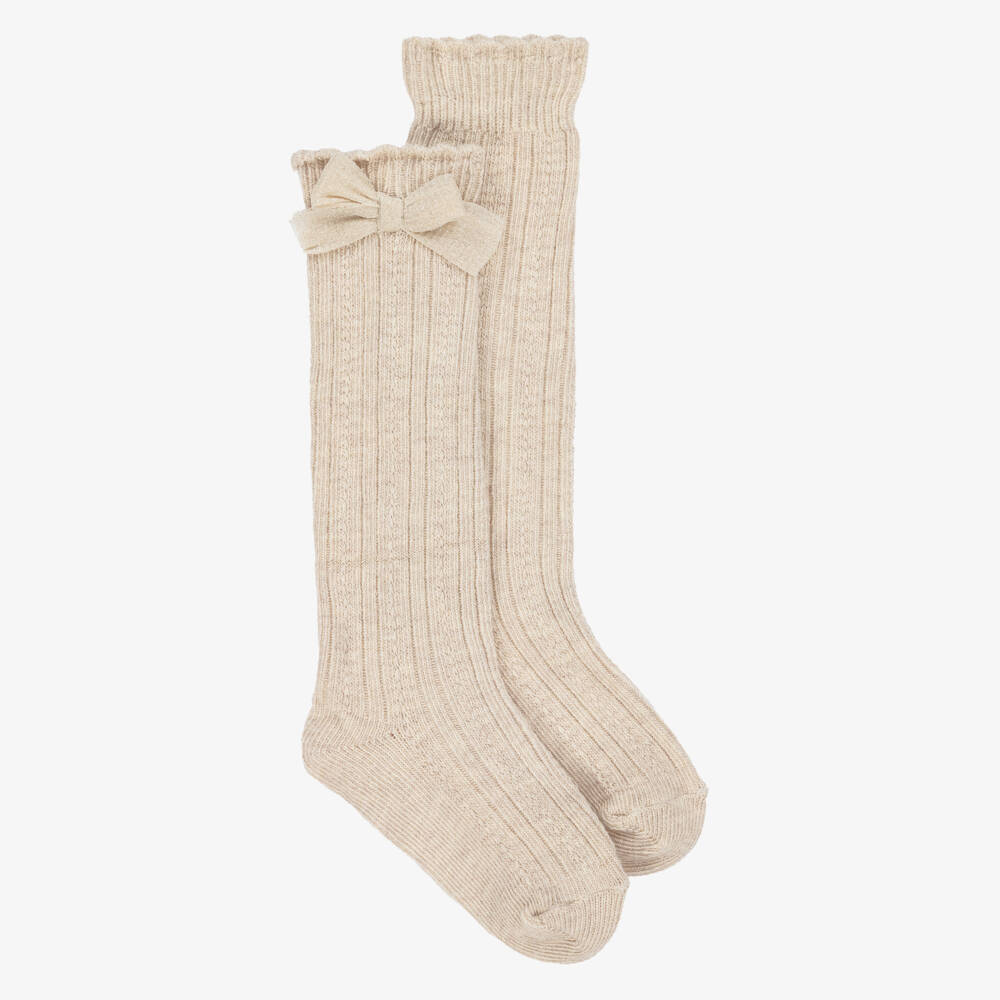 Mayoral-Girls Beige Cotton Knit Knee High Socks | Childrensalon