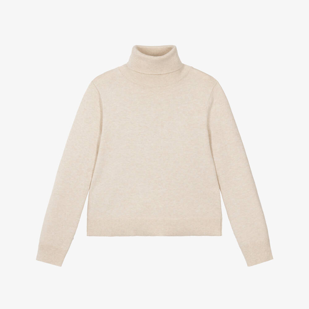 Mayoral-Girls Beige Cotton Sweater with Roll Neck | Childrensalon