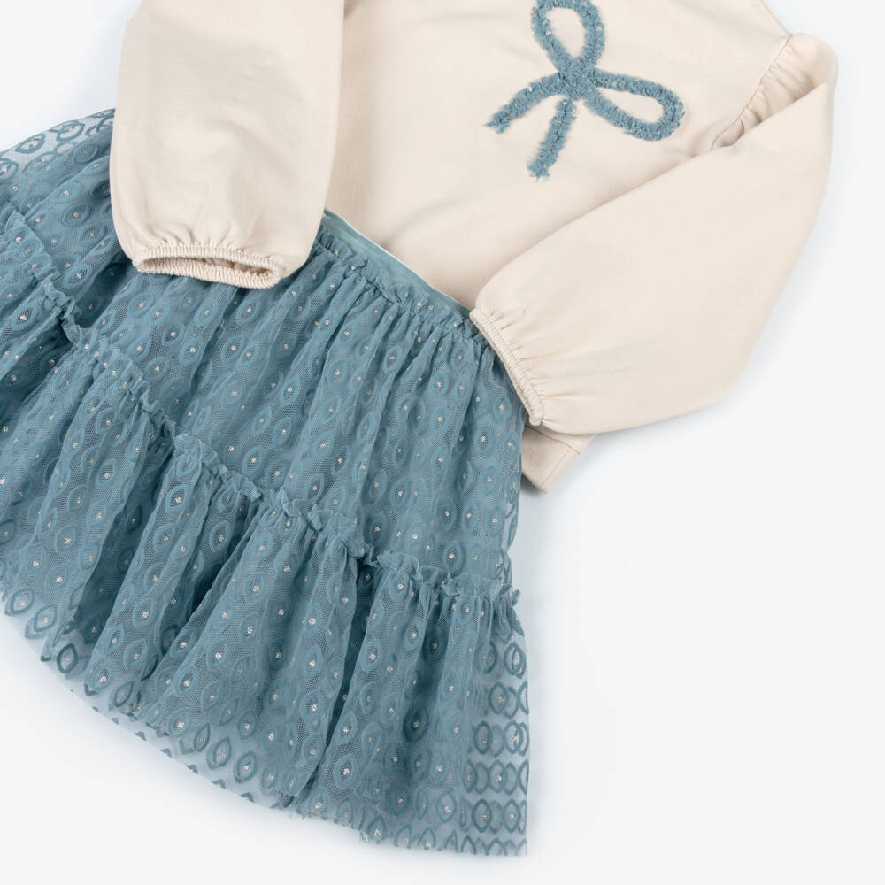 Mayoral-Girls Beige Cotton Sweatshirt & Blue Tulle Skirt Set | Childrensalon