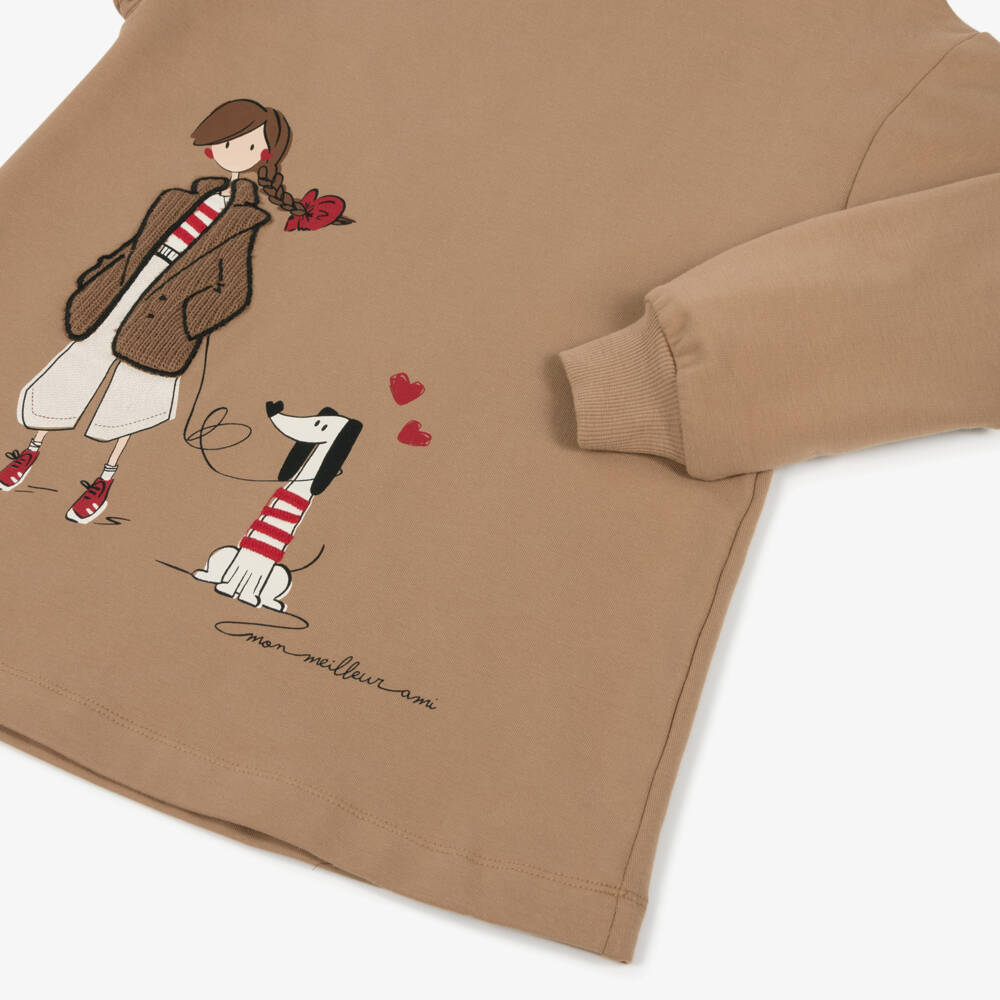 Mayoral-Girls Beige Cotton Sweatshirt Dress with Dog Walker Motif | Childrensalon