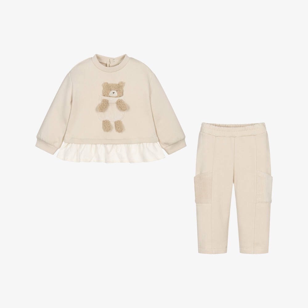 Mayoral-Girls Beige Cotton Tracksuit with Teddy Bear Pocket | Childrensalon