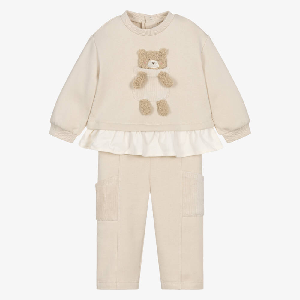 Mayoral-Girls Beige Cotton Tracksuit with Teddy Bear Pocket | Childrensalon
