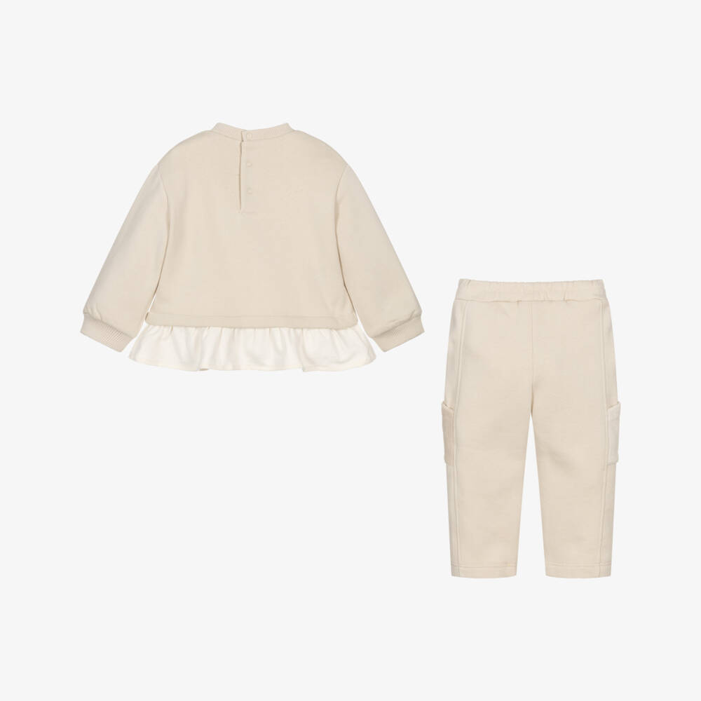 Mayoral-Girls Beige Cotton Tracksuit with Teddy Bear Pocket | Childrensalon