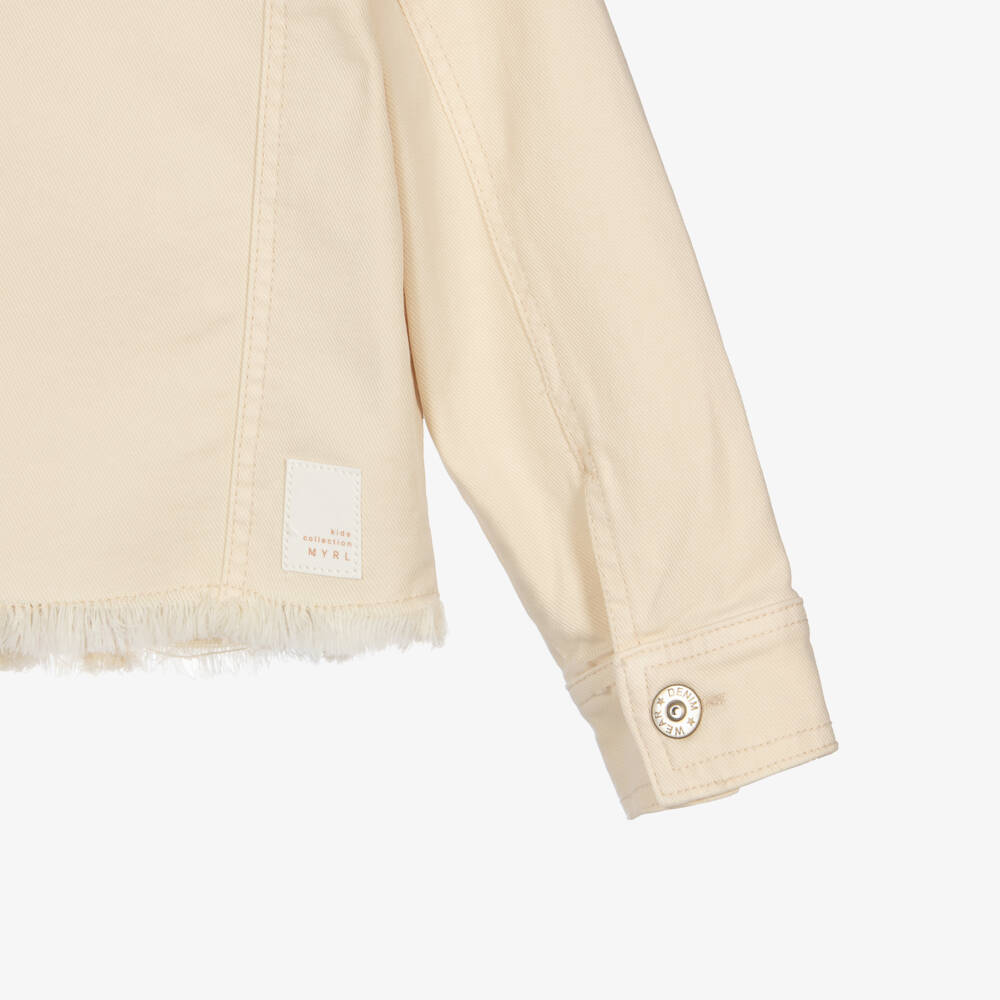 Mayoral-Girls Beige Denim Jacket with Frayed Hem | Childrensalon