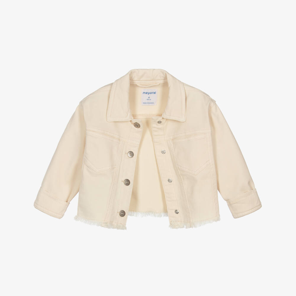 Mayoral-Girls Beige Denim Jacket with Frayed Hem | Childrensalon