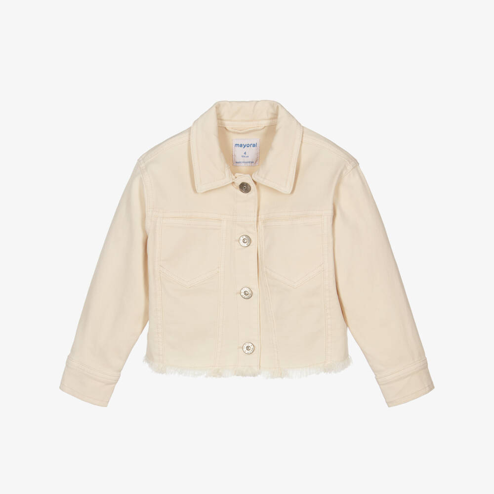 Mayoral-Girls Beige Denim Jacket with Frayed Hem | Childrensalon