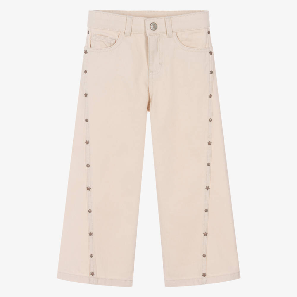 Mayoral-Girls Beige Denim Jeans with Star Studs | Childrensalon