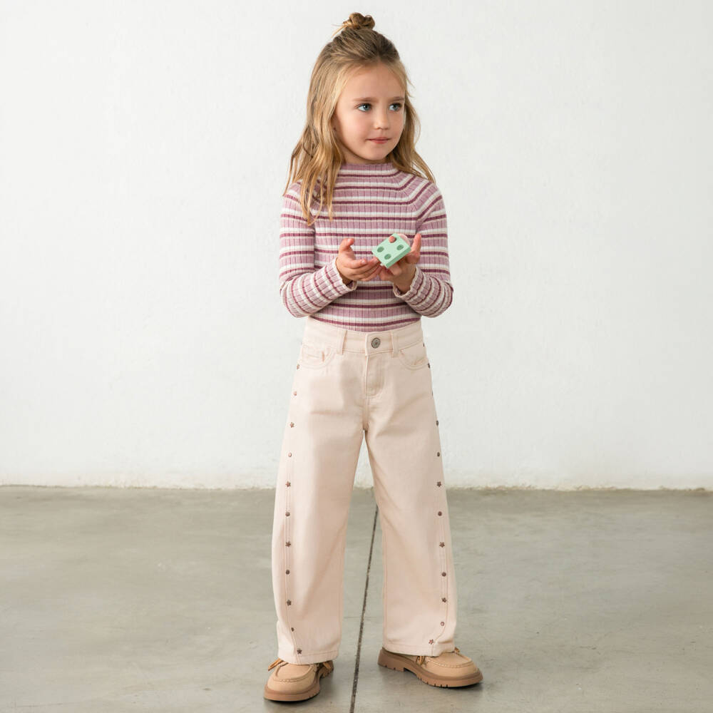 Mayoral-Girls Beige Denim Jeans with Star Studs | Childrensalon