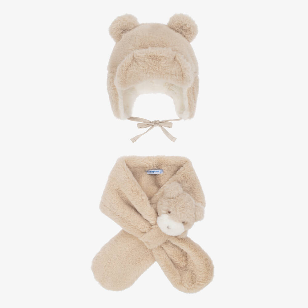 Mayoral-Girls Beige Faux Fur Bear Hat & Scarf Set | Childrensalon
