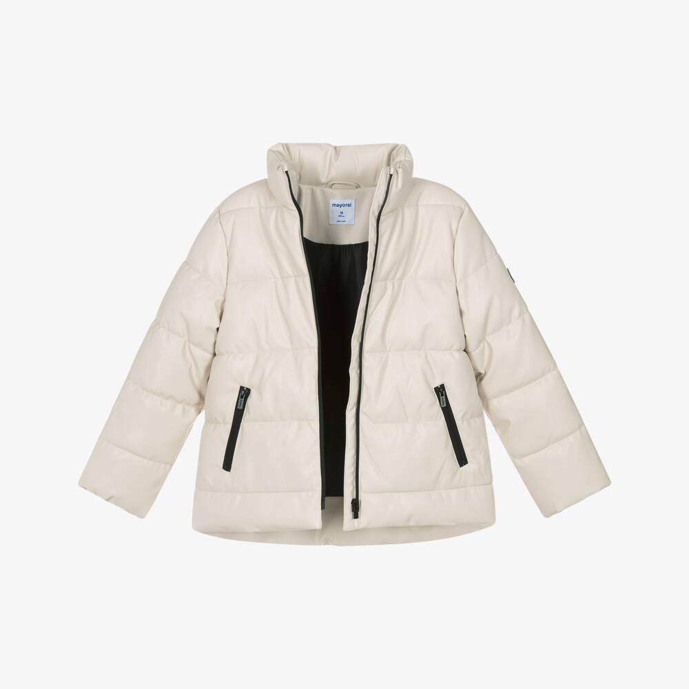 Mayoral-Girls Beige Faux Leather Puffer Coat with Black Zip | Childrensalon